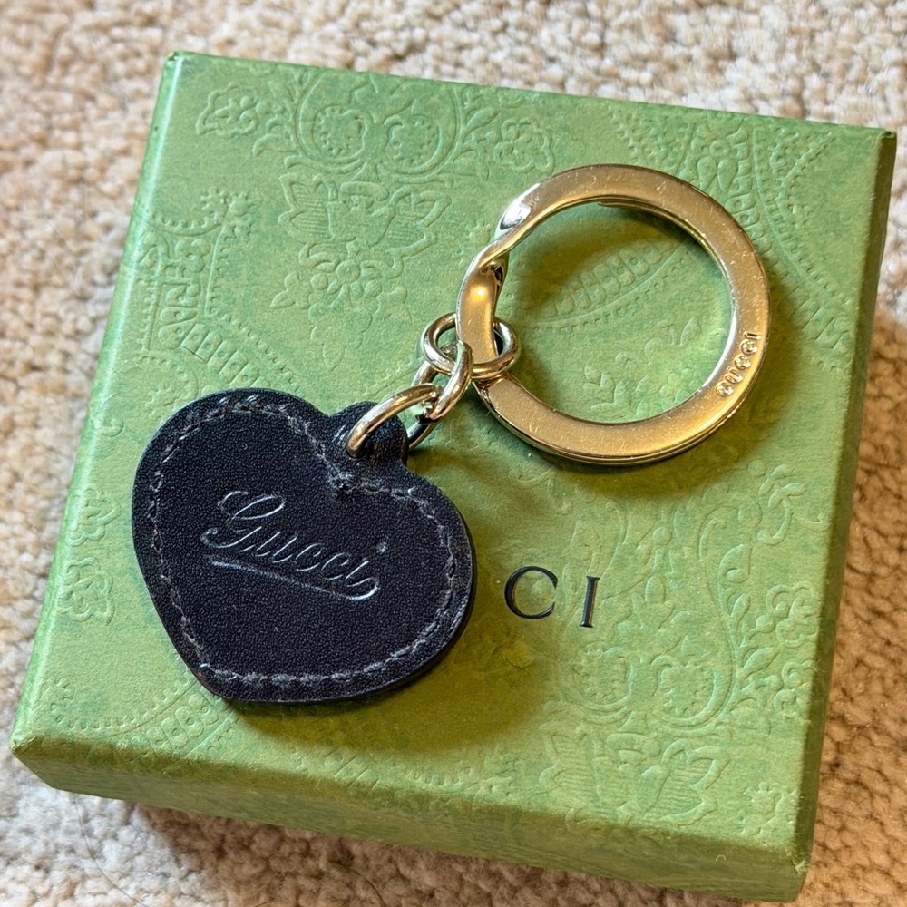 Gucci Dark Brown Leather Heart Keychain with Gold Ring